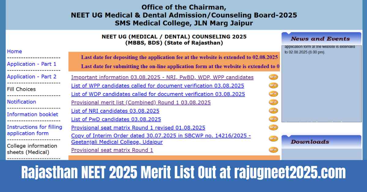Rajasthan NEET 2025 Merit List Out: 13,731 Candidates Shortlisted, Check Details at rajugneet2025.com